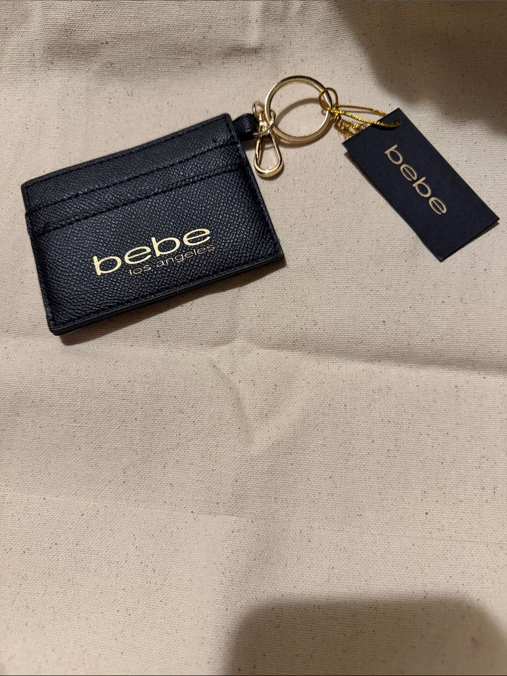 bebe Black Cardholder Keychain with Gold Hardware